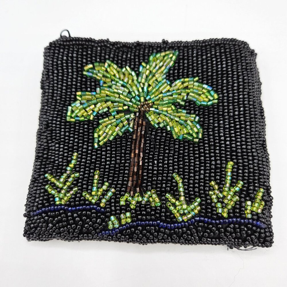 Beaded Palm Tree Zipper Coin Purse Black & Green Handmade Tropical Design 4x4 In